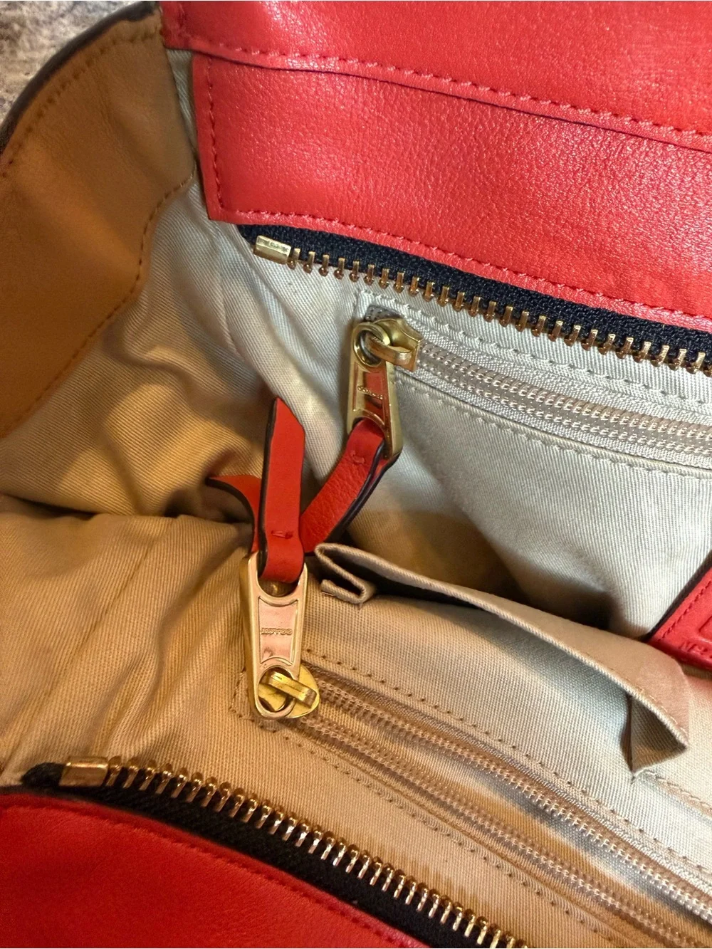 Coach Red, Navy & Tan Colorblock Leather shoulder Satchel with Tassel